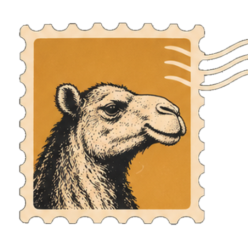 The Camel Mail stamp: an engraved camel's head on an ochre postage stamp